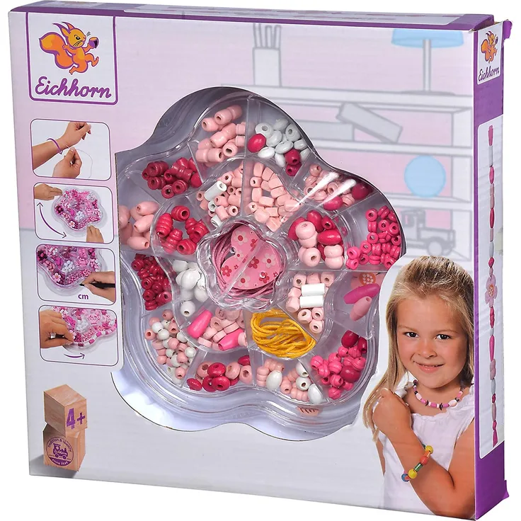 Eichhorn 100003426 - Holzperlen-Set in Blumenbox, 275-teilig, versch. Farben und Formen - inkl. Schnüren und Verschlüssen, Ahornholz