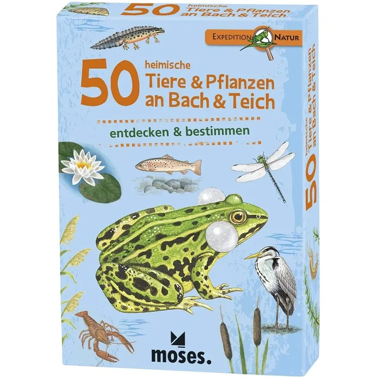 moses. Expedition Natur - 50 heimische Tiere und Pflanzen an Bach und Teich| Bestimmungskarten im Set | Mit spannenden Quizfragen