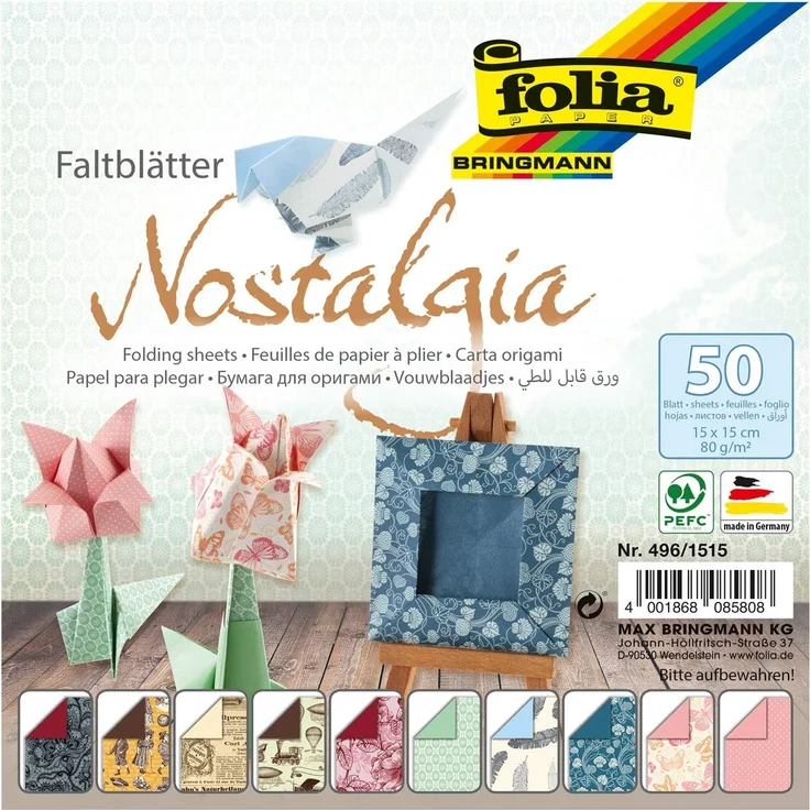 folia 496/1515 - Faltblätter Nostalgia, 15 x 15 cm, 80 g/qm, 50 Blatt sortiert in 10 Motiven - ideal für wunderschöne Faltfiguren und -formen – Bild 1