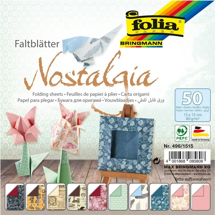 folia 496/1515 - Faltblätter Nostalgia, 15 x 15 cm, 80 g/qm, 50 Blatt sortiert in 10 Motiven - ideal für wunderschöne Faltfiguren und -formen