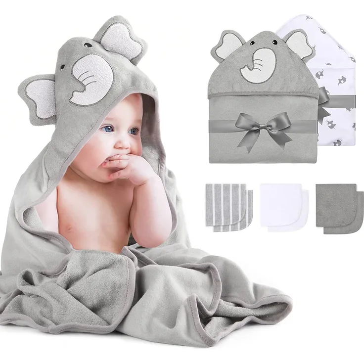 Momcozy Baby Badetuch Set, 8-teiliges Babyhandtuch Set, 2x Baby Kapuzenhandtuch 76X76 cm und 6x Baby Waschlappen 24x24cm, Babyhandtuch mit Kapuze für Neugeborene, Weich & Super Saugfähig, Unisex