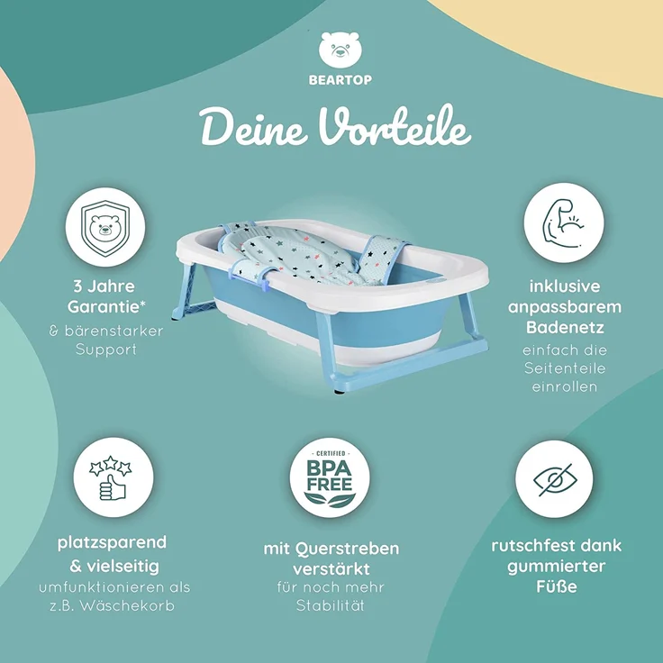 Faltbare Babywanne mit 50 Litern Volumen von BEARTOP | inkl. Badewanneneinsatz Baby | ergonomisch & kompakt | stabiles PP & TPE Plastik | platzsparend | Blau – Bild 3