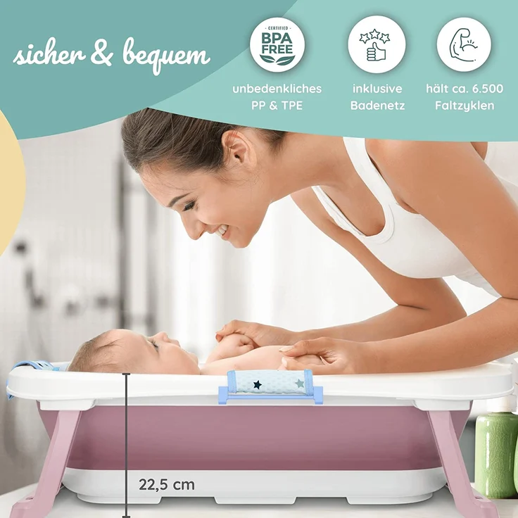 Faltbare Babywanne mit 50 Litern Volumen von BEARTOP | inkl. Badewanneneinsatz Baby | ergonomisch & kompakt | stabiles PP & TPE Plastik | platzsparend | Blau – Bild 5