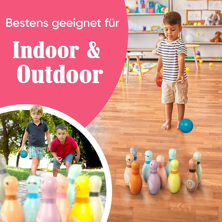 Pink Papaya Kegelspiel für Kinder | 12 teiliges Bowling Set für Junge & Mädchen | Kinder Spielzeug aus FSC-zertifiziertem Holz | Indoor & Outdoor Spielzeug | schult & fördert Ihr Kind – Bild 8