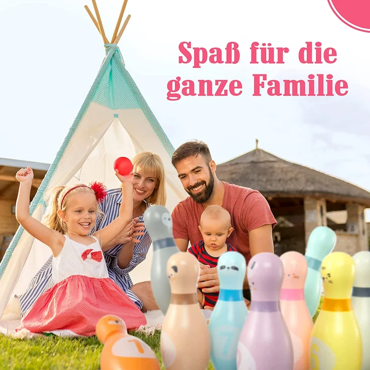 Pink Papaya Kegelspiel für Kinder | 12 teiliges Bowling Set für Junge & Mädchen | Kinder Spielzeug aus FSC-zertifiziertem Holz | Indoor & Outdoor Spielzeug | schult & fördert Ihr Kind – Bild 3