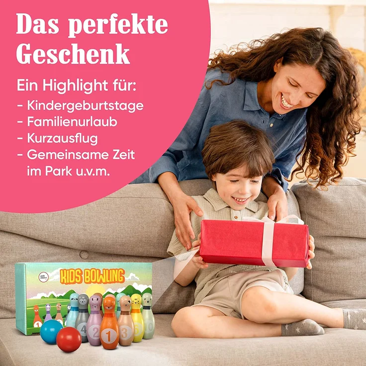 Pink Papaya Kegelspiel für Kinder | 12 teiliges Bowling Set für Junge & Mädchen | Kinder Spielzeug aus FSC-zertifiziertem Holz | Indoor & Outdoor Spielzeug | schult & fördert Ihr Kind – Bild 7