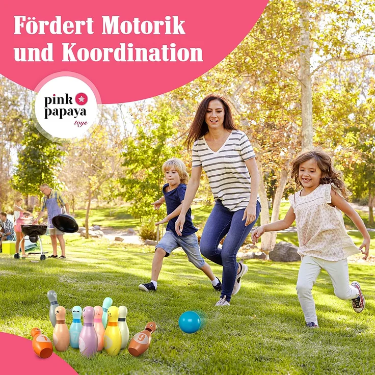 Pink Papaya Kegelspiel für Kinder | 12 teiliges Bowling Set für Junge & Mädchen | Kinder Spielzeug aus FSC-zertifiziertem Holz | Indoor & Outdoor Spielzeug | schult & fördert Ihr Kind – Bild 2