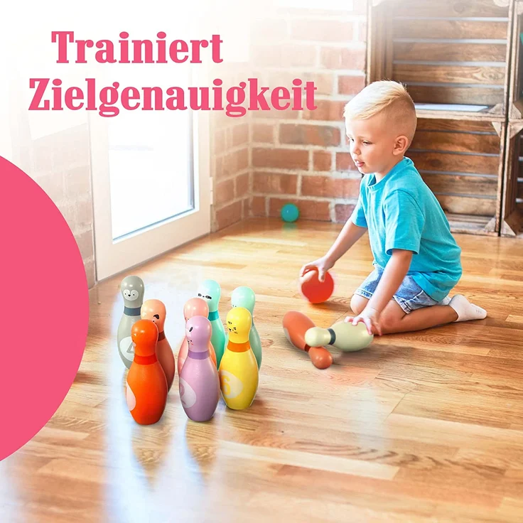 Pink Papaya Kegelspiel für Kinder | 12 teiliges Bowling Set für Junge & Mädchen | Kinder Spielzeug aus FSC-zertifiziertem Holz | Indoor & Outdoor Spielzeug | schult & fördert Ihr Kind – Bild 6