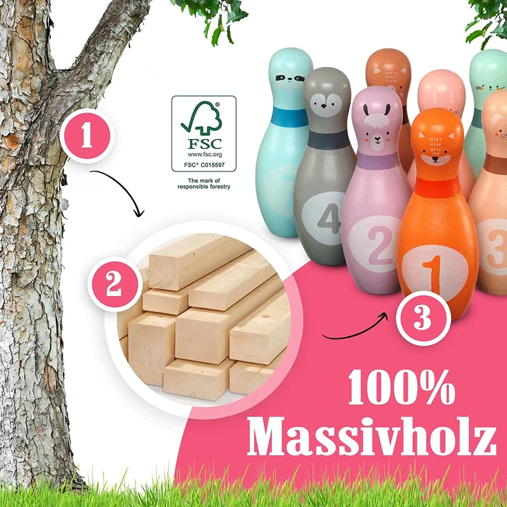 Pink Papaya Kegelspiel für Kinder | 12 teiliges Bowling Set für Junge & Mädchen | Kinder Spielzeug aus FSC-zertifiziertem Holz | Indoor & Outdoor Spielzeug | schult & fördert Ihr Kind – Bild 4