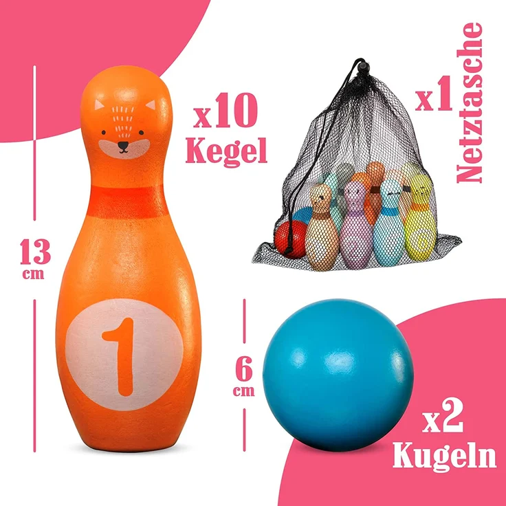 Pink Papaya Kegelspiel für Kinder | 12 teiliges Bowling Set für Junge & Mädchen | Kinder Spielzeug aus FSC-zertifiziertem Holz | Indoor & Outdoor Spielzeug | schult & fördert Ihr Kind – Bild 5