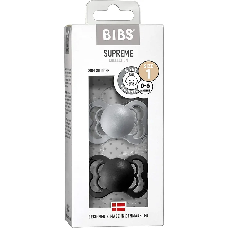 BIBS Supreme Schnuller 2er-Pack, BPA-frei, Symmetrischer Nippel. Silikon, Hergestellt in Dänemark. 0-6 Monate (2er Pack), Cloud / Black – Bild 3