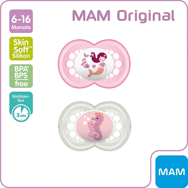 MAM Original Silikon Schnuller im 2er-Set, besonders sanfter Schnuller, Baby Schnuller aus speziellem MAM SkinSoft Silikon mit Schnullerbox, 6-16 Monate, rosa/grau – Bild 7