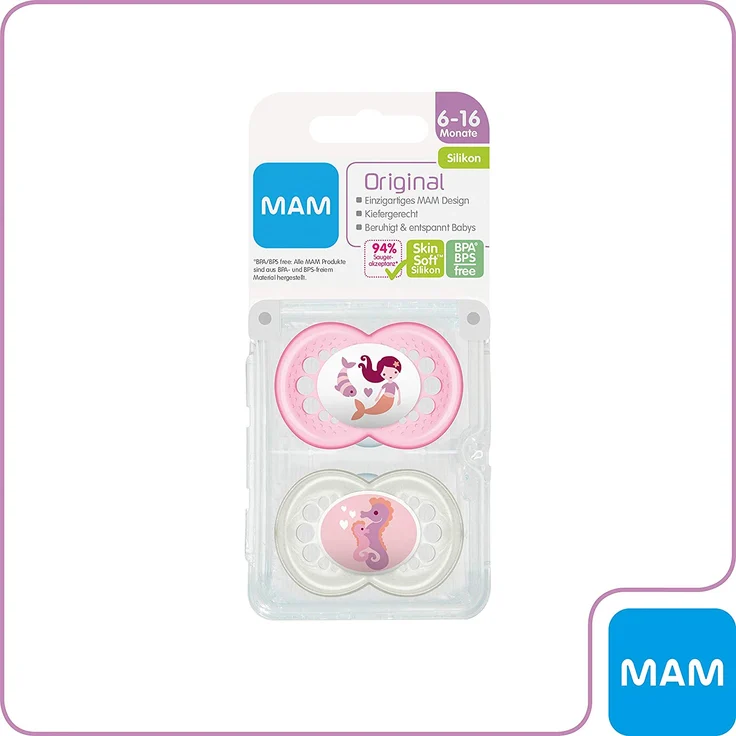 MAM Original Silikon Schnuller im 2er-Set, besonders sanfter Schnuller, Baby Schnuller aus speziellem MAM SkinSoft Silikon mit Schnullerbox, 6-16 Monate, rosa/grau – Bild 5