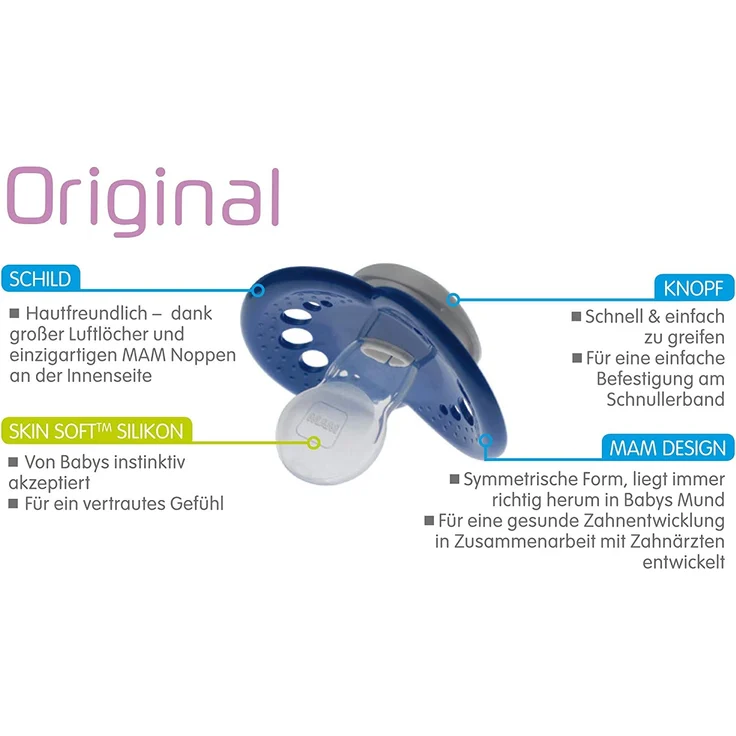 MAM Original Silikon Schnuller im 2er-Set, besonders sanfter Schnuller, Baby Schnuller aus speziellem MAM SkinSoft Silikon mit Schnullerbox, 6-16 Monate, rosa/grau – Bild 1
