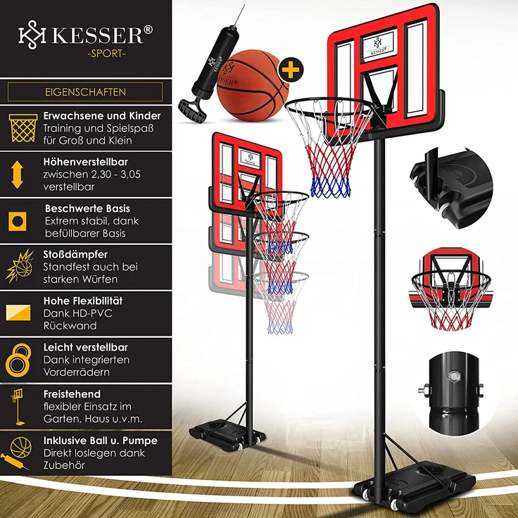 KESSER® Basketballkorb Premium mit Ständer Rollen Inkl. Basketball + Pumpe verstellbare Korbhöhe 230 bis 305 cm höhenverstellbar Korbanlage Outdoor komplett Basketballanlage für Erwachsene Kinder Rot - Preisvergleich – Bild 2
