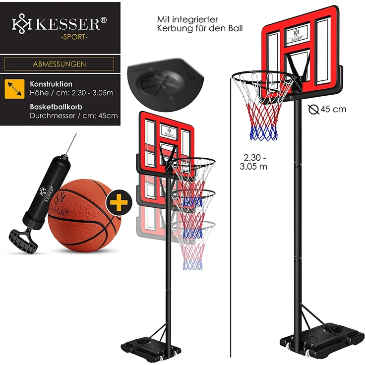 KESSER® Basketballkorb Premium mit Ständer Rollen Inkl. Basketball + Pumpe verstellbare Korbhöhe 230 bis 305 cm höhenverstellbar Korbanlage Outdoor komplett Basketballanlage für Erwachsene Kinder Rot - Preisvergleich – Bild 6