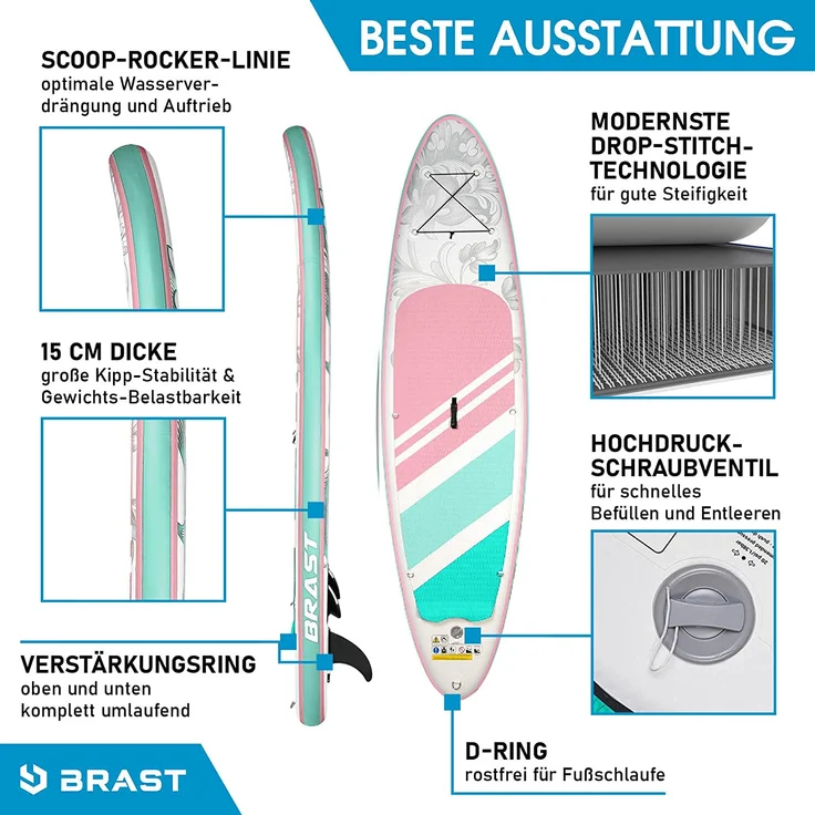 BRAST SUP Board Lady Aufblasbares Stand up Paddle Set für Frauen 300cm Lily Pastell incl. Zubehör Fußschlaufe Paddel Pumpe Rucksack - Preisvergleich – Bild 4