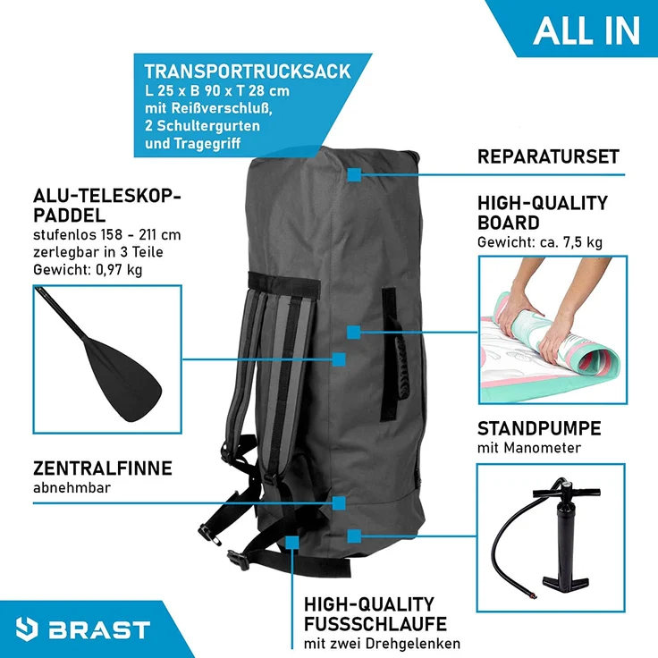 BRAST SUP Board Lady Aufblasbares Stand up Paddle Set für Frauen 300cm Lily Pastell incl. Zubehör Fußschlaufe Paddel Pumpe Rucksack - Preisvergleich – Bild 8