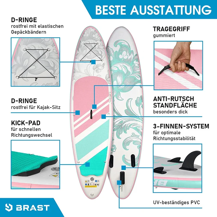 BRAST SUP Board Lady Aufblasbares Stand up Paddle Set für Frauen 300cm Lily Pastell incl. Zubehör Fußschlaufe Paddel Pumpe Rucksack - Preisvergleich – Bild 5