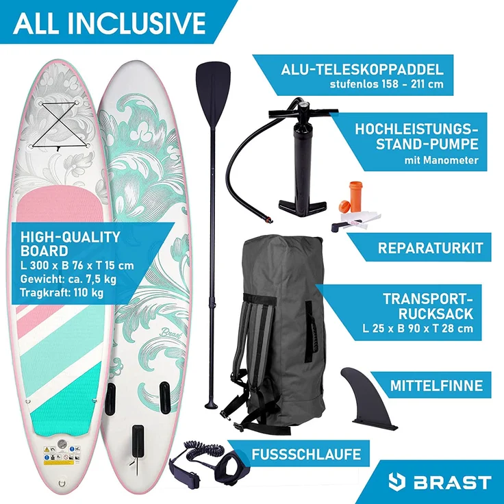 BRAST SUP Board Lady Aufblasbares Stand up Paddle Set für Frauen 300cm Lily Pastell incl. Zubehör Fußschlaufe Paddel Pumpe Rucksack - Preisvergleich – Bild 9