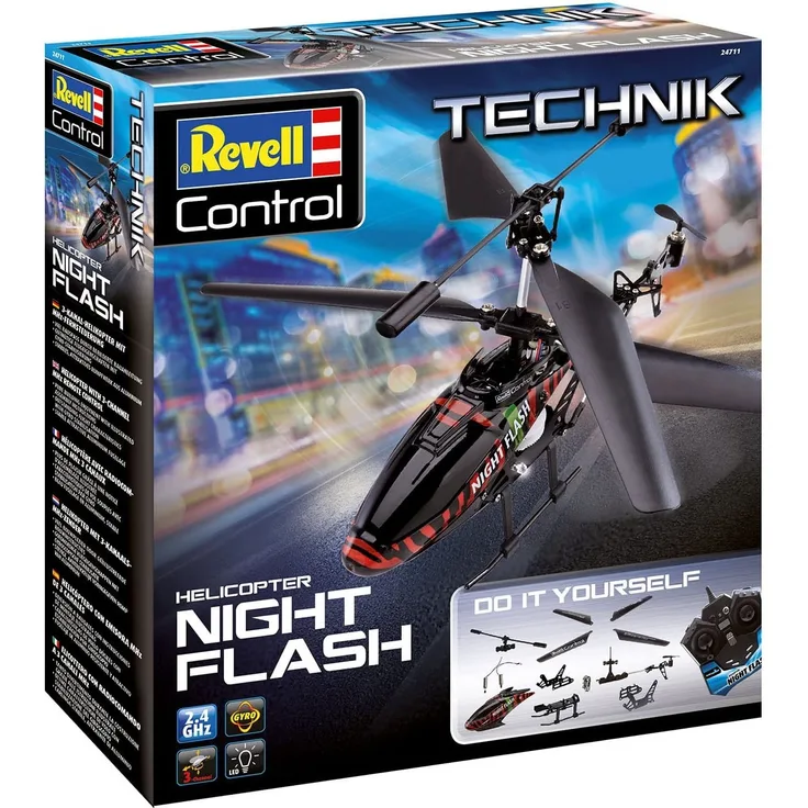 Revell Control 24711 - Technik RC Helikopter als Bausatz mit 2,4 GHz Fernsteuerung - Ferngesteuerter Hubschrauber zum Bauen, einfach zu montieren, mit stabilem Metall-Chassis - RC Kit Night Flash