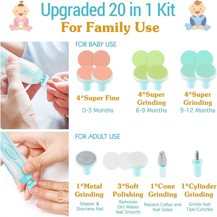 Zooawa Elektrische Baby Nagelfeile Nagelknipser set - 6 in 1 Maniküre Pediküre Set Baby Nagelpflege mit LED Licht, AA batteriebetrieben, Hell Blau – Bild 5