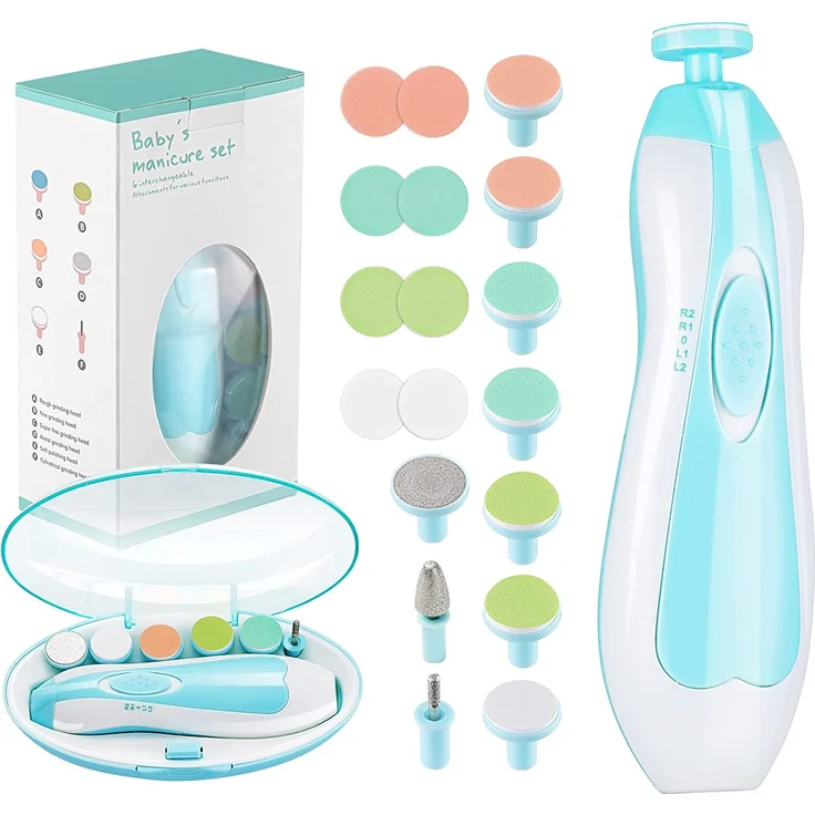Zooawa Elektrische Baby Nagelfeile Nagelknipser set - 6 in 1 Maniküre Pediküre Set Baby Nagelpflege mit LED Licht, AA batteriebetrieben, Hell Blau – Bild 1
