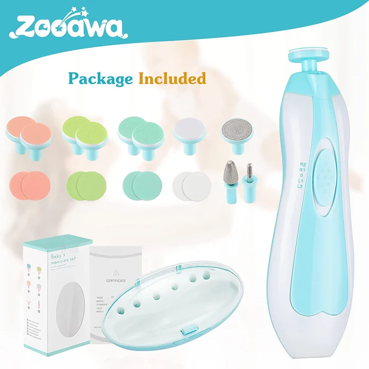 Zooawa Elektrische Baby Nagelfeile Nagelknipser set - 6 in 1 Maniküre Pediküre Set Baby Nagelpflege mit LED Licht, AA batteriebetrieben, Hell Blau – Bild 2