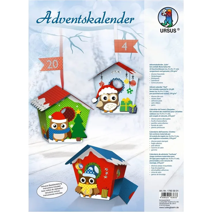 Ursus 17820001 - Adventskalender Eule, Set mit Materialien für 24 Geschenkboxen in 3 verschiedenen Motiven, je ca. 9x9x11 cm, aus Fotokarton, inklusive Zubehör, zum Befüllen und Verschenken
