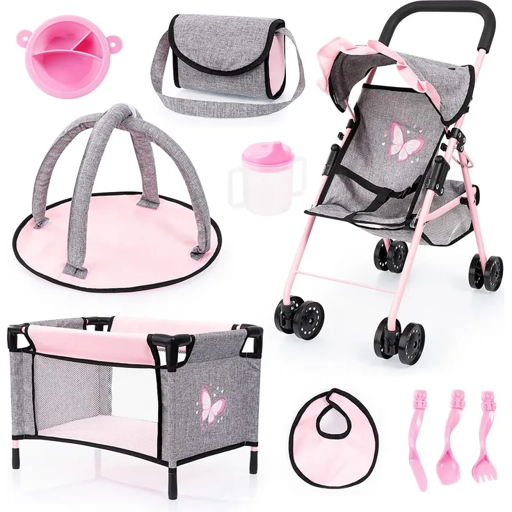 Puppenzubehör Set - mit Buggy und Reisebett