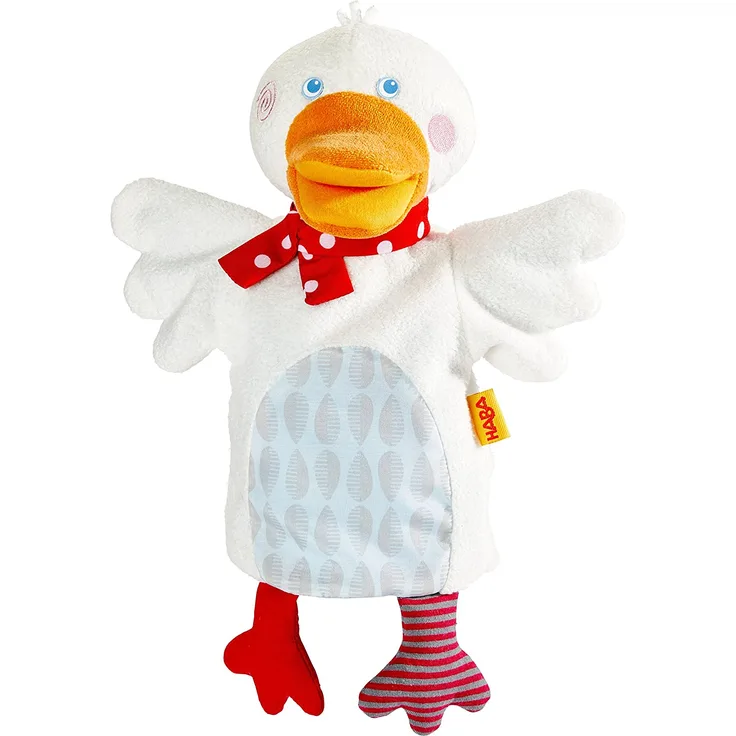 HABA 303137 - Handpuppe Gans Putzig | Puppe für Kasperletheater und Rollenspiele | Kuscheltier und Handpuppe für erste Theaterspiele | Spielzeug ab 12 Monaten