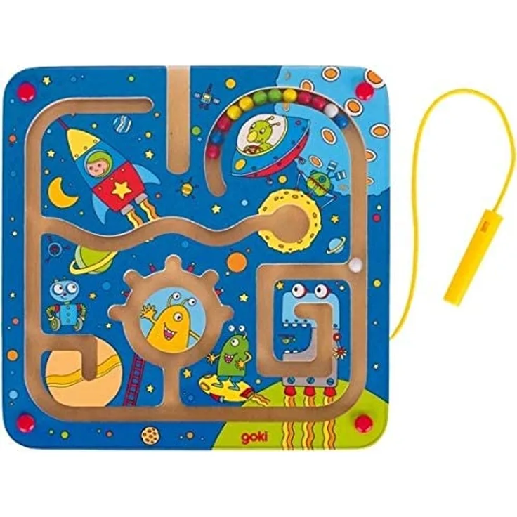 Goki 53817 Magnetlabyrinth Weltall aus Holz, Mehrfarbig