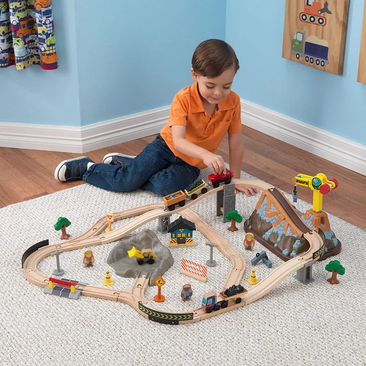 KidKraft 17805 Eisenbahnset Baustelle mit Aufbewahrungsbox Bucket Top Holzeisenbahn, Mehrfarbig – Bild 2