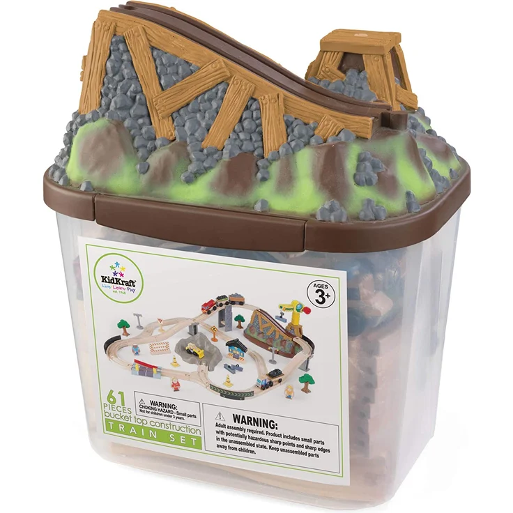 KidKraft 17805 Eisenbahnset Baustelle mit Aufbewahrungsbox Bucket Top Holzeisenbahn, Mehrfarbig – Bild 4