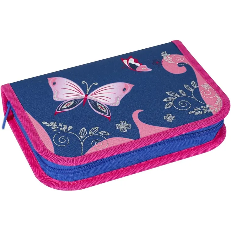 Eberhard Faber 577471 - Schüler-Etui mit Schmetterlingsmotiv und Reißverschluss, Federmappe befüllt mit 32 Schreib- und Zeichenutensilien, für Vorschule und Schule