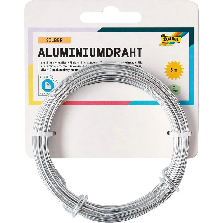 folia 79660 - Aluminiumdraht, Basteldraht in silber, 2 mm x 5 m, besonders leicht formbar, für Bastelarbeiten und zur Dekoration