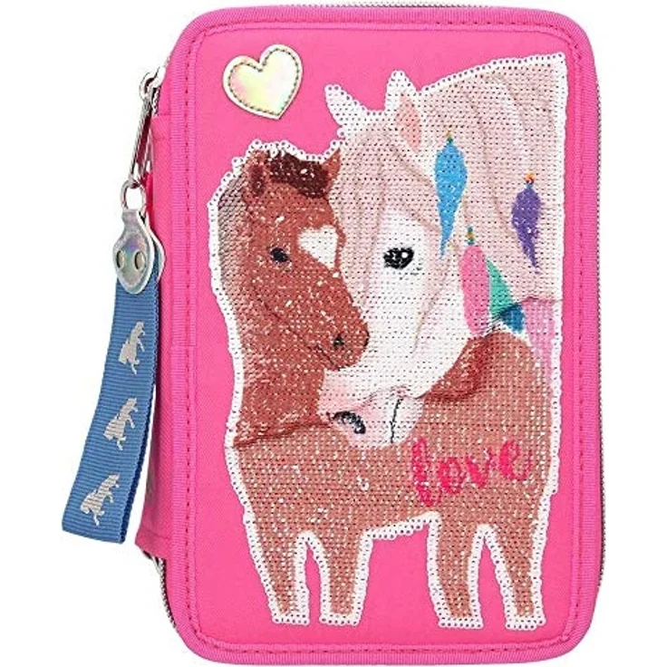Miss Melody Federmäppchen mit Pferd Streichpailletten 3-Zipp Pink gefüllt 10529 – Bild 5