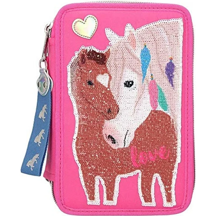 Miss Melody Federmäppchen mit Pferd Streichpailletten 3-Zipp Pink gefüllt 10529 – Bild 6