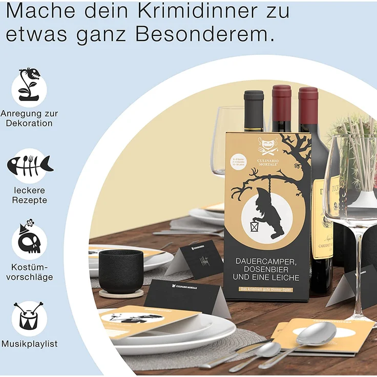 Culinario Mortale® – Dauercamper, Dosenbier und eine Leiche - Krimidinner für Zuhause für 6 bis 8 Personen / unterhaltsames Krimi Dinner für Zuhause / Krimispiele für Erwachsene / Krimidinner Spiel – Bild 5