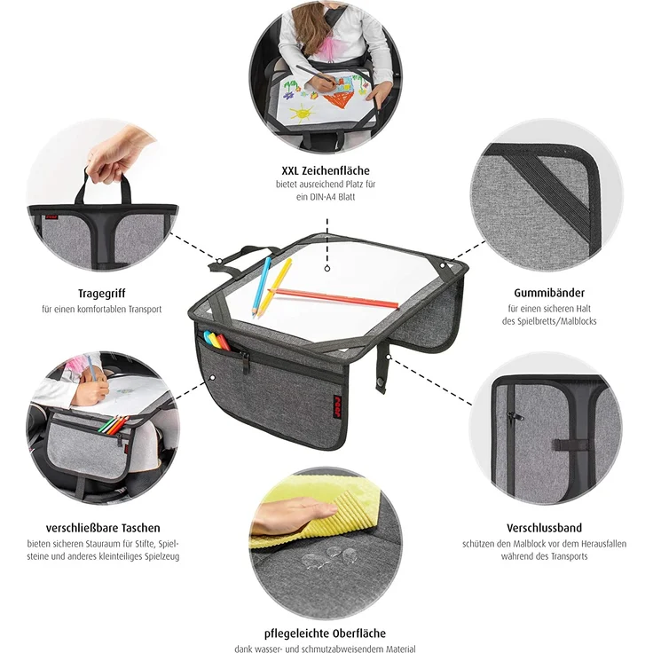 reer Malunterlage für unterwegs TravelKid Play, leicht und stabil, praktische Taschen, wasserabweisend, schmutzabweisend, grau – Bild 2