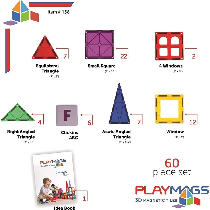 Playmags 60-teiliges Starter-Set: Mit garantiert stärksten Magneten, robust, super langlebig und mit lebendigen, klaren Farbkacheln. 6-teiliges Clickins-Zubehör für mehr Kreativität – Bild 3