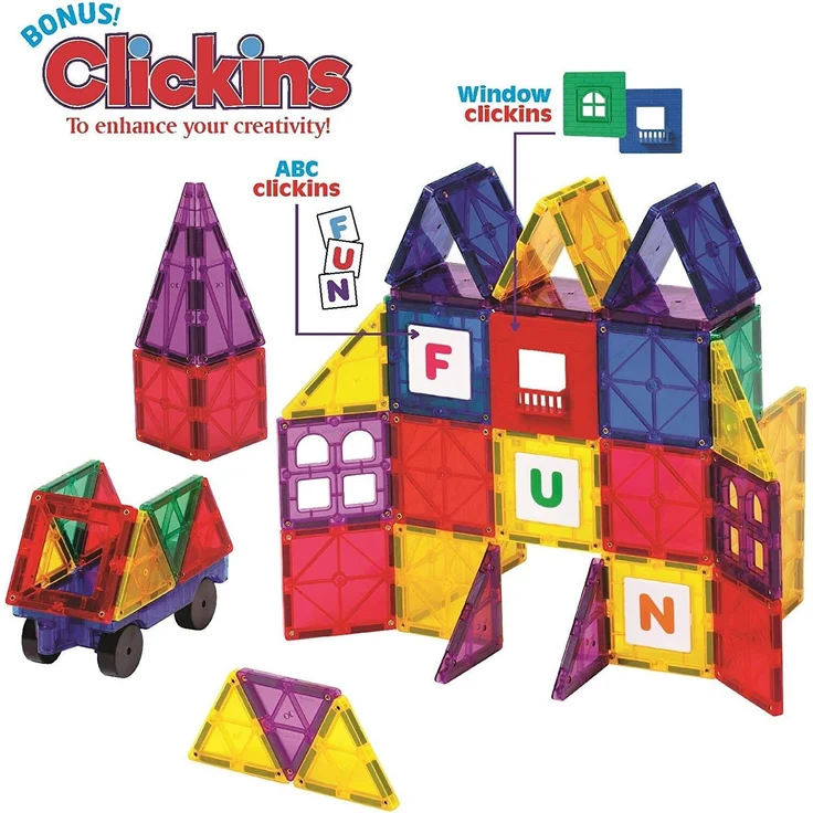 Playmags 60-teiliges Starter-Set: Mit garantiert stärksten Magneten, robust, super langlebig und mit lebendigen, klaren Farbkacheln. 6-teiliges Clickins-Zubehör für mehr Kreativität – Bild 4