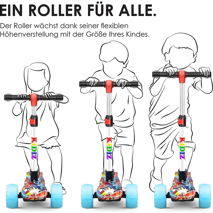 KIDIZ® Roller Kinder Scooter X-Pro2 Dreiradscooter mit PU LED Leuchtenden Räder Kinderroller faltbar Tret-Roller höhenverstellbarer Cityroller Kinderscooter für Jungen Mädchen 3-12 Jahre Graffiti – Bild 5
