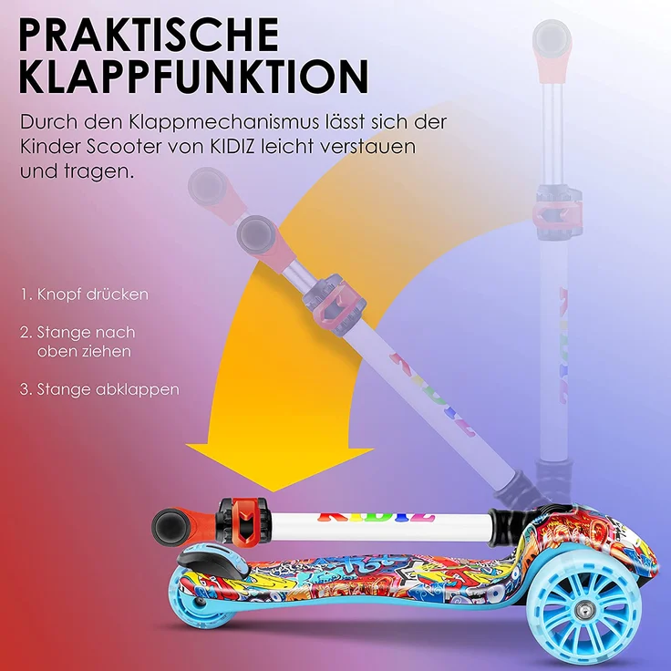 KIDIZ® Roller Kinder Scooter X-Pro2 Dreiradscooter mit PU LED Leuchtenden Räder Kinderroller faltbar Tret-Roller höhenverstellbarer Cityroller Kinderscooter für Jungen Mädchen 3-12 Jahre Graffiti – Bild 8