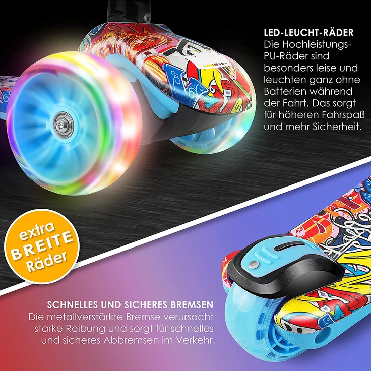 KIDIZ® Roller Kinder Scooter X-Pro2 Dreiradscooter mit PU LED Leuchtenden Räder Kinderroller faltbar Tret-Roller höhenverstellbarer Cityroller Kinderscooter für Jungen Mädchen 3-12 Jahre Graffiti – Bild 4