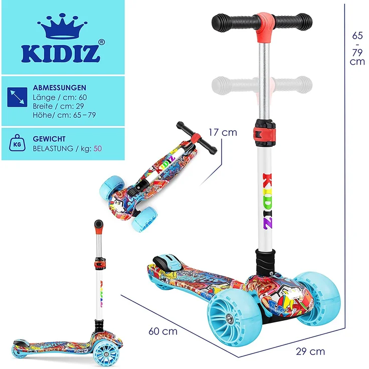 KIDIZ® Roller Kinder Scooter X-Pro2 Dreiradscooter mit PU LED Leuchtenden Räder Kinderroller faltbar Tret-Roller höhenverstellbarer Cityroller Kinderscooter für Jungen Mädchen 3-12 Jahre Graffiti – Bild 7