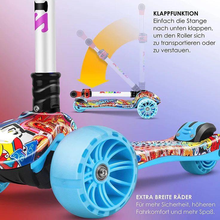 KIDIZ® Roller Kinder Scooter X-Pro2 Dreiradscooter mit PU LED Leuchtenden Räder Kinderroller faltbar Tret-Roller höhenverstellbarer Cityroller Kinderscooter für Jungen Mädchen 3-12 Jahre Graffiti – Bild 9