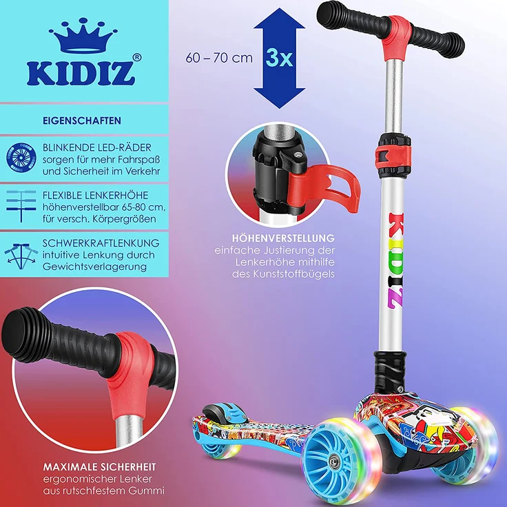 KIDIZ® Roller Kinder Scooter X-Pro2 Dreiradscooter mit PU LED Leuchtenden Räder Kinderroller faltbar Tret-Roller höhenverstellbarer Cityroller Kinderscooter für Jungen Mädchen 3-12 Jahre Graffiti – Bild 2