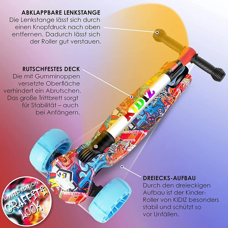 KIDIZ® Roller Kinder Scooter X-Pro2 Dreiradscooter mit PU LED Leuchtenden Räder Kinderroller faltbar Tret-Roller höhenverstellbarer Cityroller Kinderscooter für Jungen Mädchen 3-12 Jahre Graffiti – Bild 3