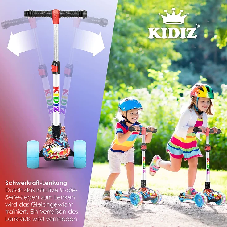 KIDIZ® Roller Kinder Scooter X-Pro2 Dreiradscooter mit PU LED Leuchtenden Räder Kinderroller faltbar Tret-Roller höhenverstellbarer Cityroller Kinderscooter für Jungen Mädchen 3-12 Jahre Graffiti – Bild 6